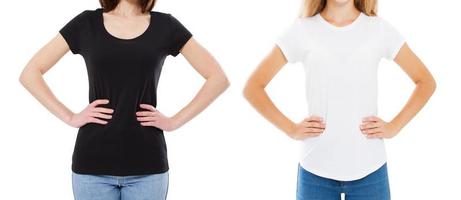 T-shirt design and people concept - close up of young two woman in shirt blank black and white tshirt isolated. Girl t shirt set mock up. photo