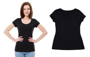 Black t shirt female isolated, empty t-shirt close up, t shirt set photo
