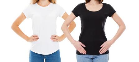 T-shirt design and people concept - close up of young woman in shirt blank white and black t-shirt isolated. photo