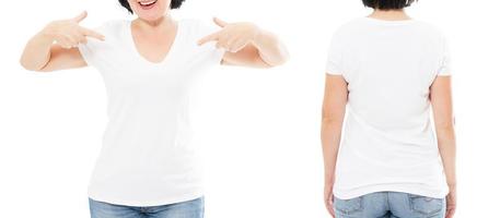 tshirt set front and back view, middle-aged woman in stylish photo