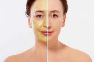 Middle age closeup woman face before after beauty mask treatment. Before-after wrinkled skin. Summer anti aging collagen mask on woman wrinkle face isolated. Mid aged facial skincare. Menopause period