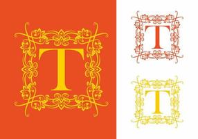 Orange yellow T initial letter in square classic frame vector