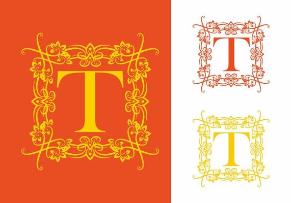 Orange yellow T initial letter in square classic frame