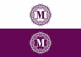Purple white M initial letter in circle classic frame vector