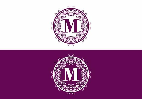 Purple white M initial letter in circle classic frame