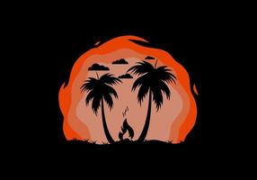 Silhouette of bonfire and coconut trees on the beach vector