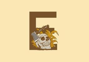 Skeleton head and ax illustration drawing with E initial letter vector