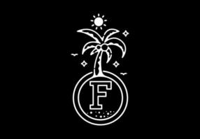 White black line art illustration of coconut tree in the beach with F initial letter vector