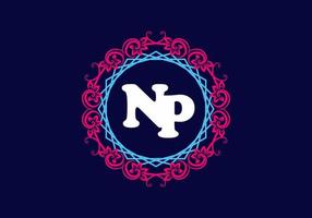 NP initial letter in vintage circle frame vector