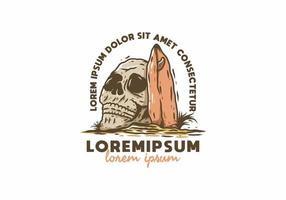 Surfing board and skull head line art drawing with lorem ipsum text vector