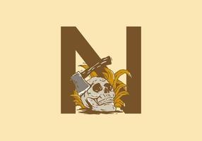 Skeleton head and ax illustration drawing with N initial letter vector