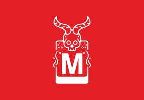 White red line art illustration of skull with M initial letter in the middle vector