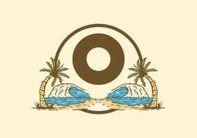 Sea wave and coconut tree line art drawing with O initial letter vector