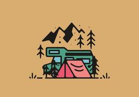 Camping with camper van line art illustration vector