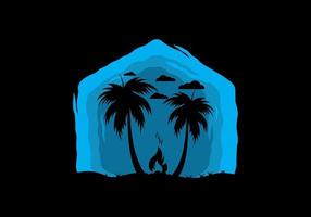 Silhouette of bonfire and coconut trees on the beach vector