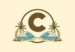 Sea wave and coconut tree line art drawing with C initial letter vector