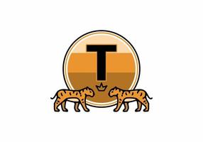 Two tiger line art with T initial letter vector