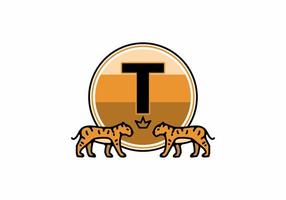 Two tiger line art with T initial letter vector