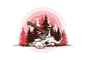 an ax stuck in a buffalo skull illustration vector