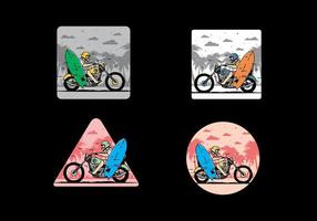 andar en motocicleta con ilustración de tabla de surf