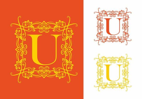 Orange yellow of U initial letter in square classic frame