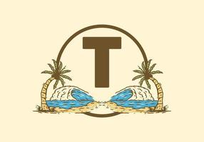 Sea wave and coconut tree line art drawing with T initial letter vector