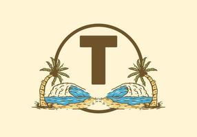 Sea wave and coconut tree line art drawing with T initial letter vector