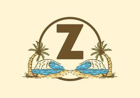 Sea wave and coconut tree line art drawing with Z initial letter vector