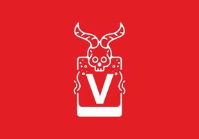 White red line art illustration of skull with V initial letter in the middle vector