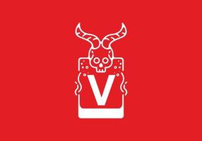 White red line art illustration of skull with V initial letter in the middle vector