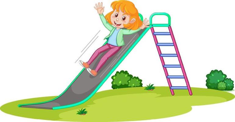 Cute little girl sliding down on slide in the playground 23059080