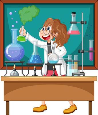 Classroom scene with scientist doing experiment