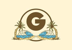 Sea wave and coconut tree line art drawing with G initial letter