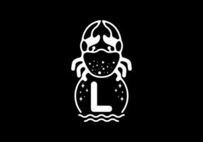 White black crab line art with L initial letter vector