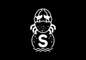 White black crab line art with S initial letter vector