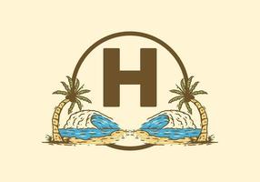 Sea wave and coconut tree line art drawing with H initial letter vector