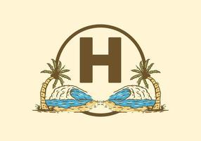 Sea wave and coconut tree line art drawing with H initial letter vector