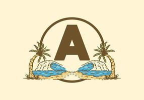 Sea wave and coconut tree line art drawing with A initial letter vector