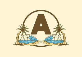 Sea wave and coconut tree line art drawing with A initial letter vector