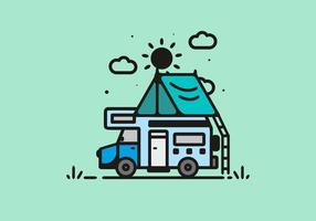 Camping with camper van line art illustration vector