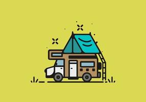 Camping with camper van line art illustration vector