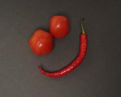 la combinación de tomates frescos, chiles rojos y huevos forma una cara sonriente. ingredientes de cocina listos para ser servidos. desenfoque de enfoque, inspiración de fondo. combinación de colores negro y rojo. foto