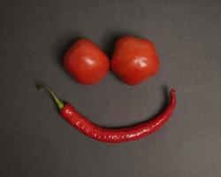 la combinación de tomates frescos, chiles rojos y huevos forma una cara sonriente. ingredientes de cocina listos para ser servidos. desenfoque de enfoque, inspiración de fondo. combinación de colores negro y rojo. foto