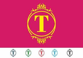 Pink yellow of T initial letter in vintage mirror frame vector