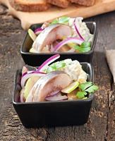 Herring salad with onion and green apple photo