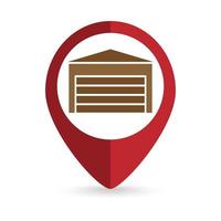 Red pin location with garage icon inside. Vector illustration.