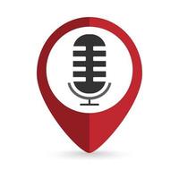 Red pin location with music microphone inside. Vector illustration.