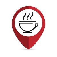 Red pin location with coffee or tea cup icon inside. Vector illustration.