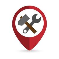 Red pin location with Crossed hammer and wrench spanner inside. Vector illustration.