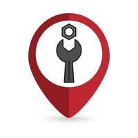 Red pin location with wrench inside. Vector illustration.